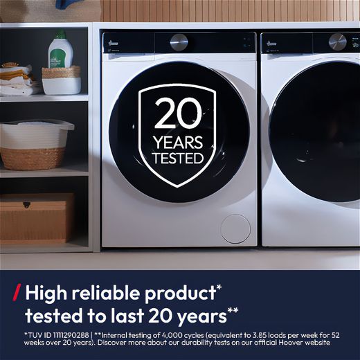 Hoover Pro Wash Series 7 HBQD 49SBL10U-80 9kg WiFi Connected Washing Machine with 1400 rpm - White  - annotation -  20yrs shot
